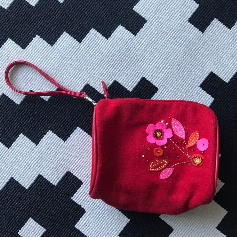 Red Felt Beaded Wristlet with Flowers and Beading